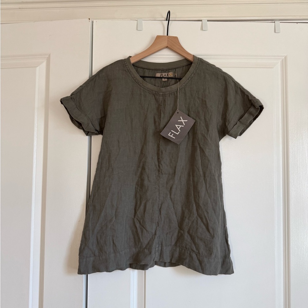 Flax Olive Green Linen Tee NWT XS